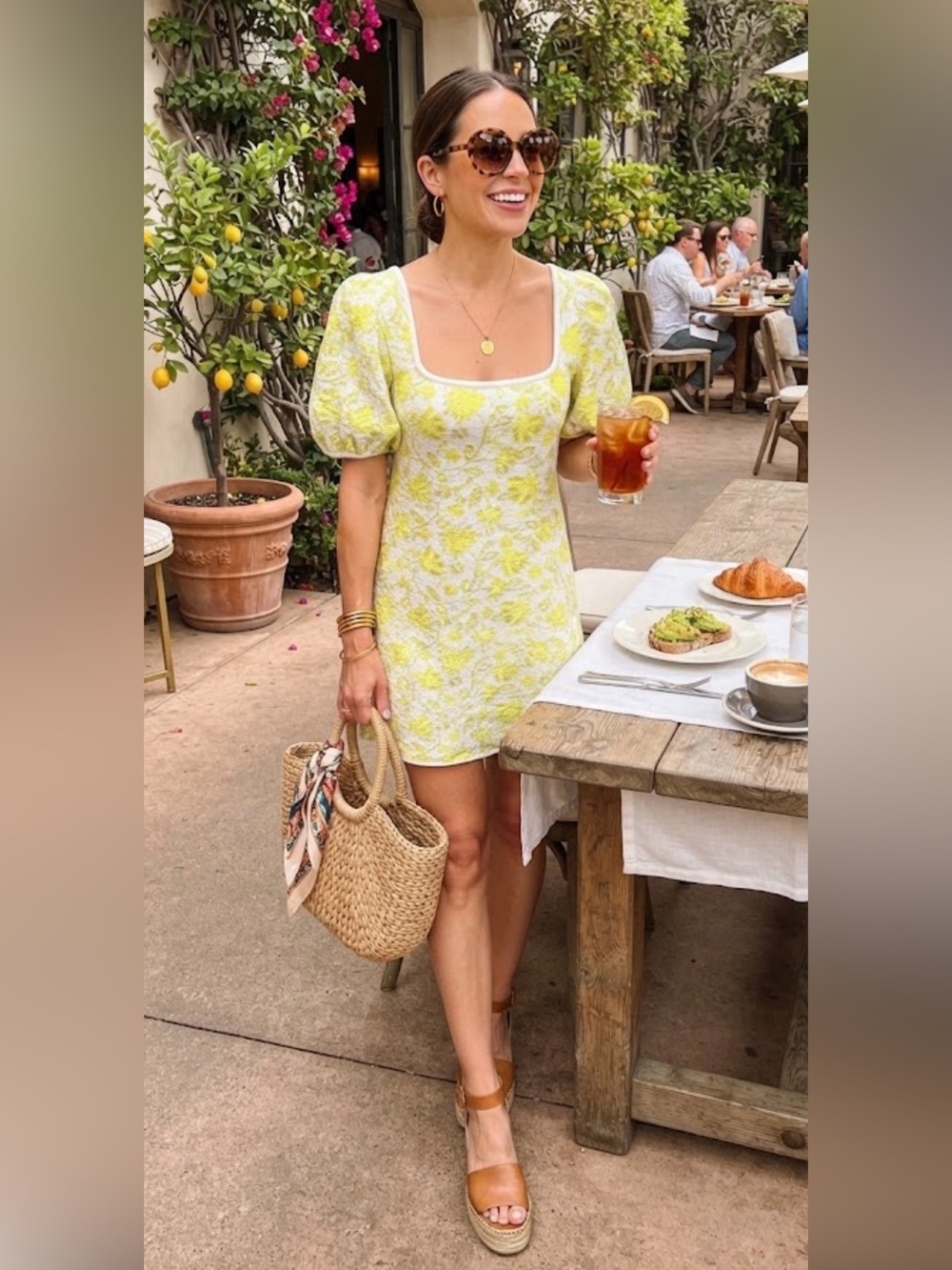 ZARA Floral Jacquard Knit Puff Sleeve Lime Yellow Dress Bloggers Fav Medium